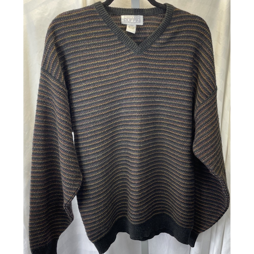 Vtg Gianfranco Ruffini Italy Mens Vintage V‎ Striped Multicolor Knit Sweater L